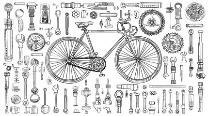 Detailed illustration of bicycle components and tools.