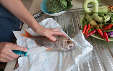 Anonymous gutting fresh fish on paper in kitchen. Food and organic seafood.