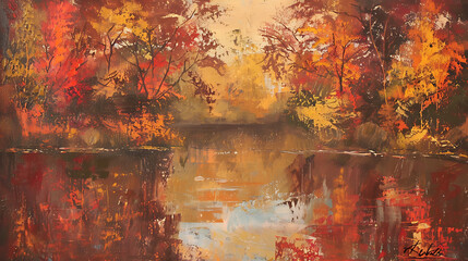 Vibrant autumn trees reflected in tranquil water, capturing the season's rich, warm palette and serene natural beauty.