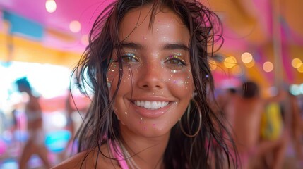 Close-up of a smiling woman at a vibrant festival