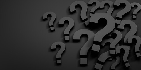 Pile of dark Question Marks on dark background with copy space - 3D illustration