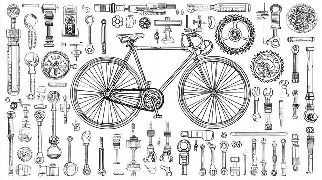 Detailed illustration of bicycle components and tools.