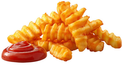Crinkle Cut Fries with Ketchup Blob on Clear Background