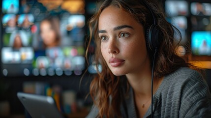 Close-up of a woman wearing headphones, focused, with many screens visible in the background