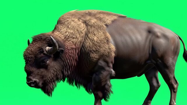 Animated bison herd walking across green and black screen, concept for wildlife documentary, educational content and natural history presentation