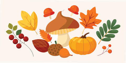 Decorative autumn season elements featuring pumpkin mushrooms berries and leaves on a white background