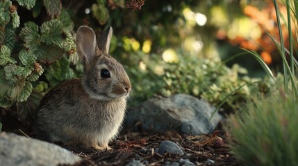 Fototapeta premium A Curious Rabbit Nestled Among Lush Greenery and Colorful Plants in a Serene Garden Setting, Showcasing Nature's Beauty and Wildlife