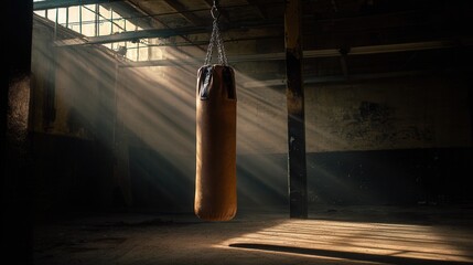 High quality photo of this striking image presents a boxing bag suspended in a sunlit industrial environment, capturing the spirit of determination and strength in a gym setting.