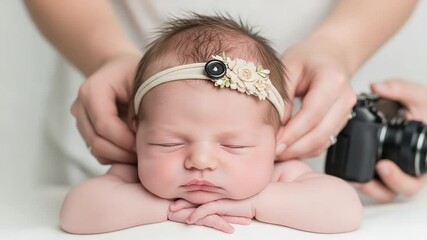 A gentle photographers hands carefully adjust a floral headband on a sleeping newborn baby girl during a studio portrait session