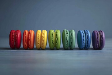 Colorful macarons arranged in sequence of rainbow colors.