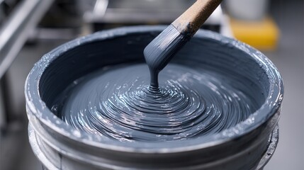 Obraz premium Close-up of blue paint stirred by brush in metal container.