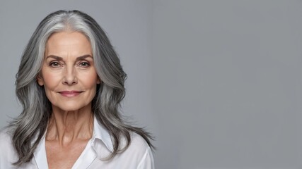 Elegant senior woman with gray hair smiling on gray background