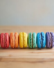 Colorful macarons arranged in sequence of rainbow colors.