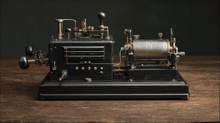 Old-school Morse code transmitter on a dark wooden table