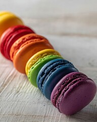 Colorful macarons arranged in sequence of rainbow colors.