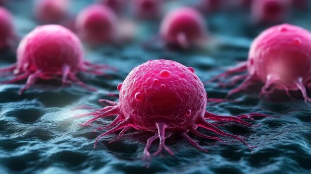 Pink cancer cell spreading tentacles textured surface microscopic view malignant tumor growth invasion glowing red hues dark biological background detailed surface texture multiple extensions biology