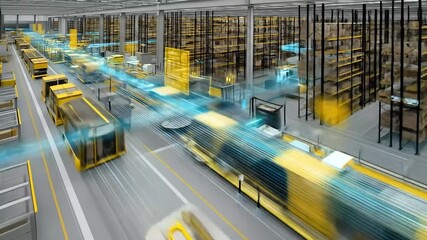 Automated vehicles move goods through a modern smart warehouse with glowing data streams - Powered by Adobe
