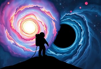 Astronaut silhouette against swirling galaxy & black hole, watercolor style, vibrant, artwork