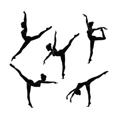 Abstract silhouette of a girl practicing gymnastics with colorful elements