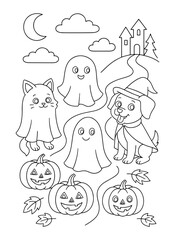 Fototapeta premium Cute Halloween coloring page. Ghosts, pumpkin, cat and dog in costumes line art