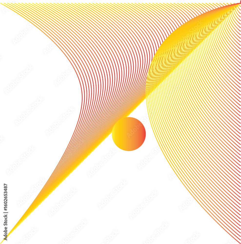 Poster abstract geometric flow with orange and yellow gradients intersecting around a central sphere.