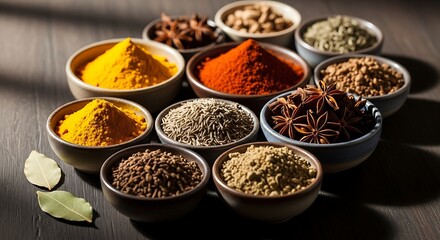 Assorted Spices in Rustic Bowls &ndash; Colorful Culinary Ingredients and Global Flavor Palette
