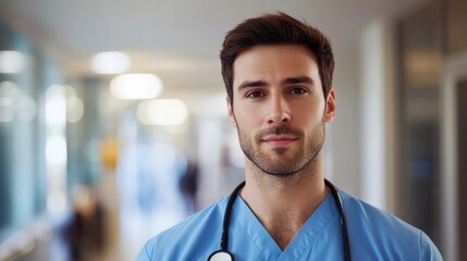 Obraz premium A confident male nurse in a medical uniform, looking directly at the camera in a healthcare setting.