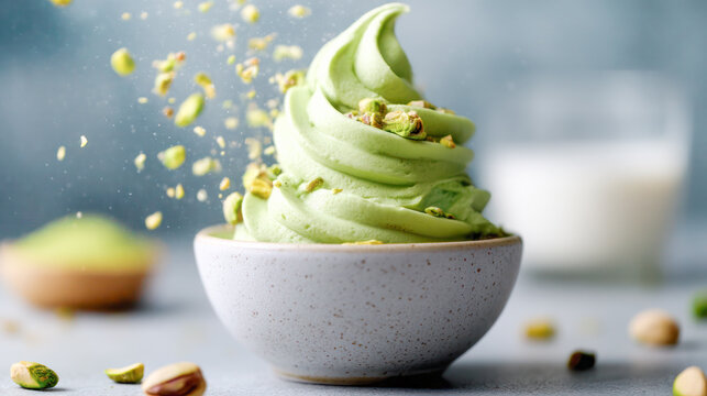 Creamy green pistachio soft serve ice cream swirled in a textured bowl, garnished with crushed nuts, creating a delightful dessert experience
