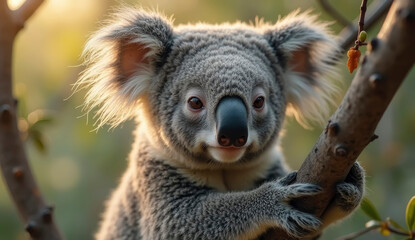 Naklejka premium A koala clings to a tree branch, showcasing its expressive face and fluffy ears. The warm light of the golden hour highlights the vibrant green eucalyptus around it