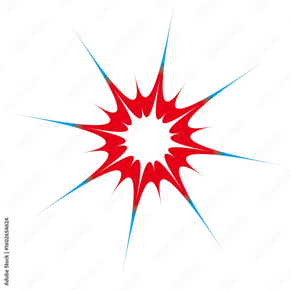 Poster explosive abstract emblem in red with pointed rays fading into blue, resembling a high-energy burst.