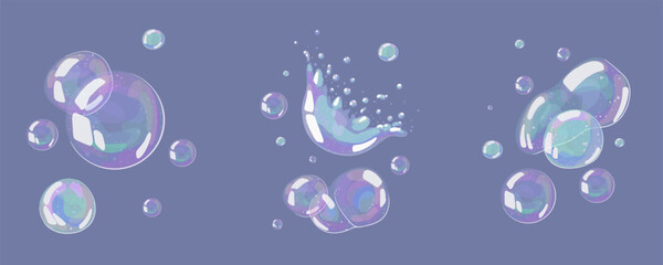 Glossy soap bubbles compositions set. Delicate texture and transparency create airy, surreal mood. Vector hand drawn illustration for print, decor, sticker, web, hygiene and kids design