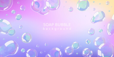 Colorful soap bubbles floating on a dreamy pastel gradient background. Iridescent bubbles with soft reflections and transparency. Horizontal banner design for spa, hygiene, cosmetics and kids product