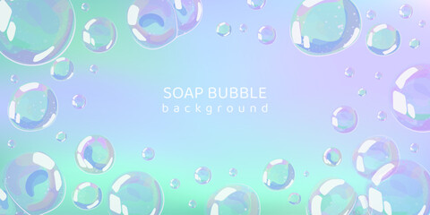 Dreamy transparent soap bubbles on a turquoise and pink holographic background. Soft glow, rainbow glare and glossy texture. Vector banner design for spa, cosmetic and beauty product visuals