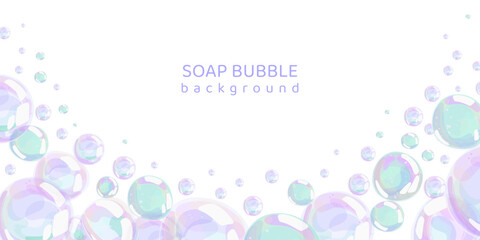 Soap bubbles horizontal banner on white background. Transparent elements with soft reflections hidden under clipping mask. Vector frame for advertising, packaging and web design
