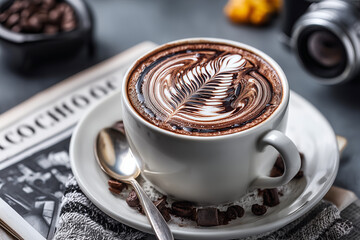 Hot Chocolate with Latte Art in a Ceramic Cup.