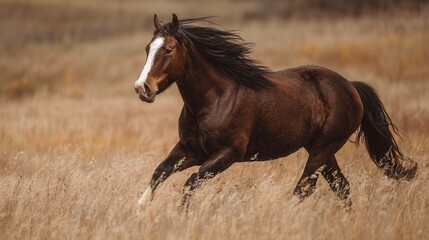 Obraz premium Majestic Brown Horse Running Freely Through Golden Grasslands Under a Vast Sky Surrounded by Nature's Serenity and Wild Beauty