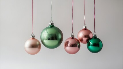 Pink and green christmas balls hanging on ribbons against white background