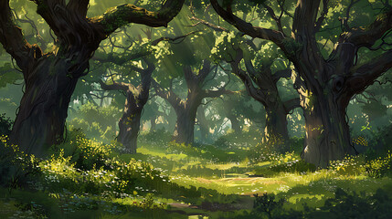 Sunlight streams through ancient, majestic forest trees casting ethereal rays onto a vibrant meadow filled with blooming wildflowers and lush green foliage.