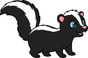 Cute cartoon skunk with black fur and white stripe, smiling and standing on white background, perfect for children’s book illustrations