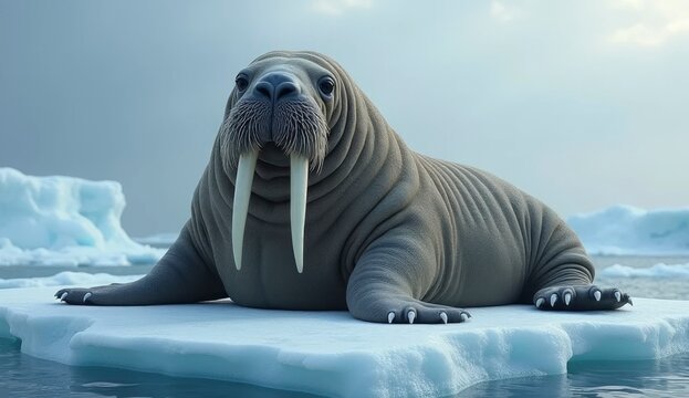 A large walrus is comfortably settled on an ice floe surrounded by chilly Arctic waters. The scene captures the serene beauty of the arctic environment during the quiet hours of dusk