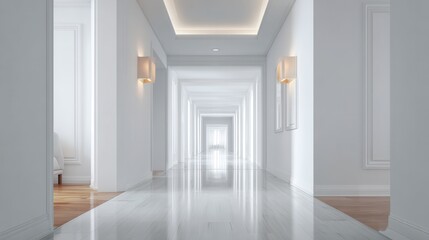 Fototapeta premium A Sleek and Modern Hallway Featuring Elegant Lighting and Refined Design Elements that Create an Airy and Spacious Atmosphere