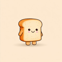 Cute smiling bread character with rosy cheeks and small arms and legs, standing on light beige background with happy expression