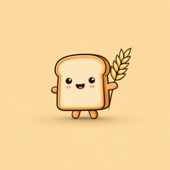 Cute happy bread character holding wheat stalk with smiling face and rosy cheeks on beige background