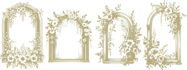 Wedding floral arch frame window set, elegant vector hand drawn invitation border flowers design. Vintage classic anniversary decorative graphic, antique line spring celebration kit. Wedding frame 
