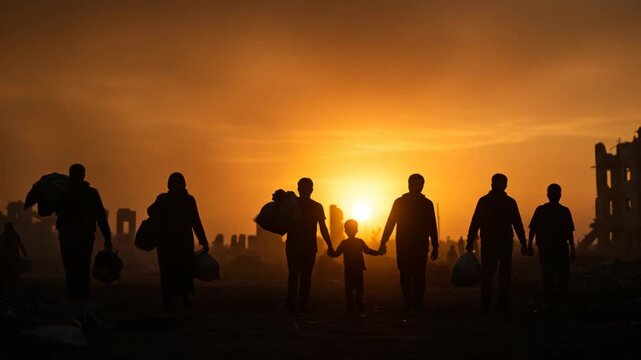 Walking People Silhouettes at Sunset Through Destroyed City Architecture