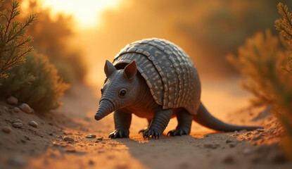A small armadillo explores a sandy pathway during sunset, surrounded by soft, warm light and sparse vegetation. Its shell glimmers gently as it moves quietly along the ground