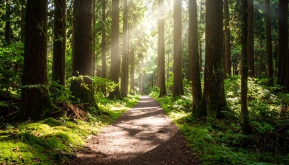 Fototapeta premium Sunlit Forest Path, Green Trees, Nature - Nature Photography