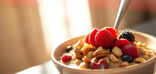 Sunlight illuminates a bowl of oatmeal with berries and nuts,  home,  berries