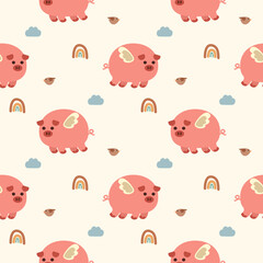 Pig flying cartoon so cute. On cloud rainbow bird background. Pattern seamless vector illustration. 