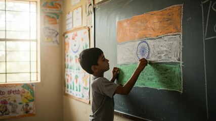 Child Drawing Flag on Chalkboard in Classroom Education Concept - Powered by Adobe